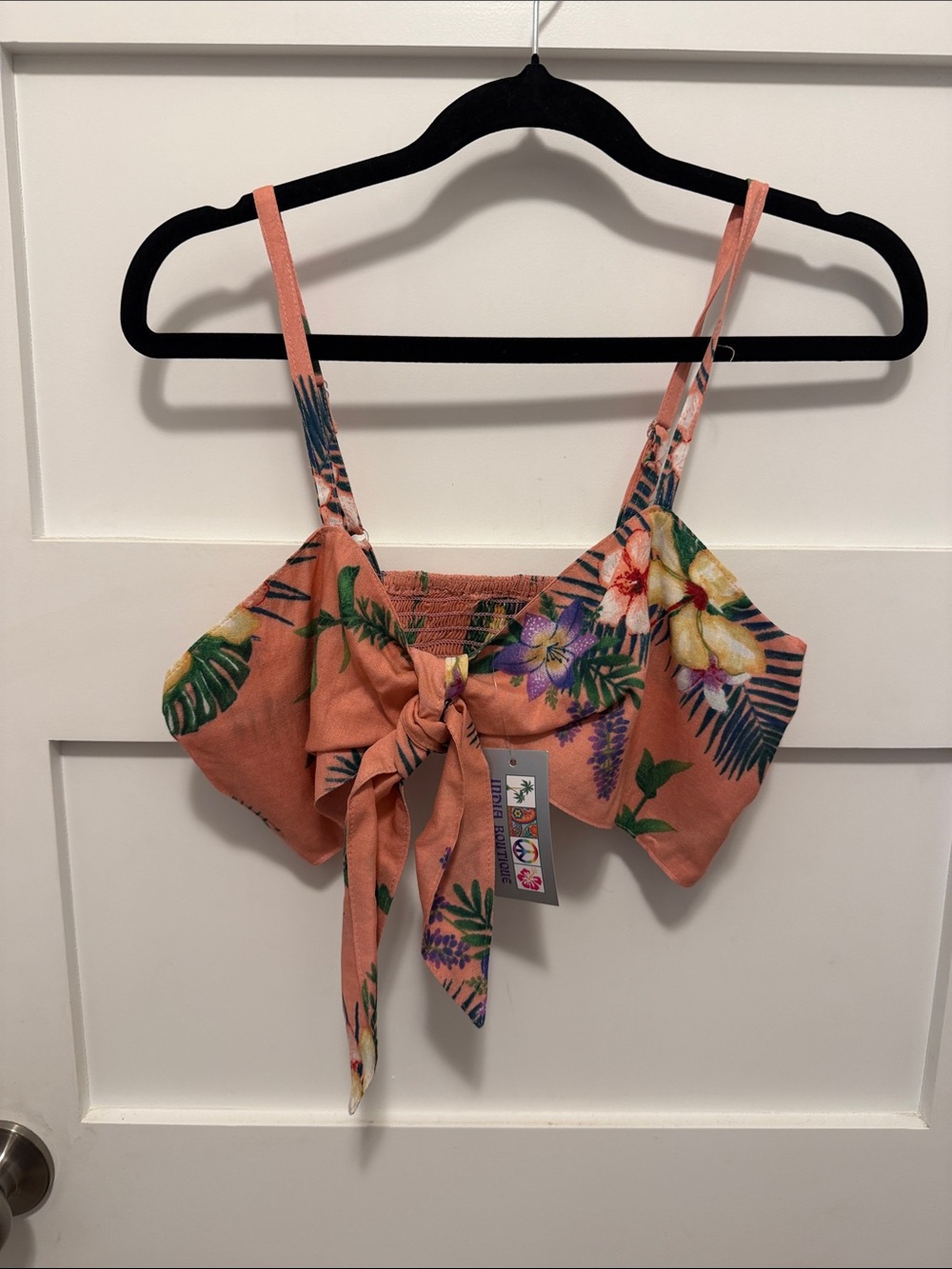 India Boutique Coral Tropical Tie-Front Crop Top